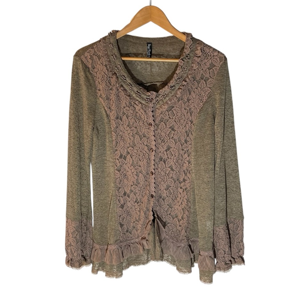 X5- - Sacred Threads Olive and Pink Lace sweater Top